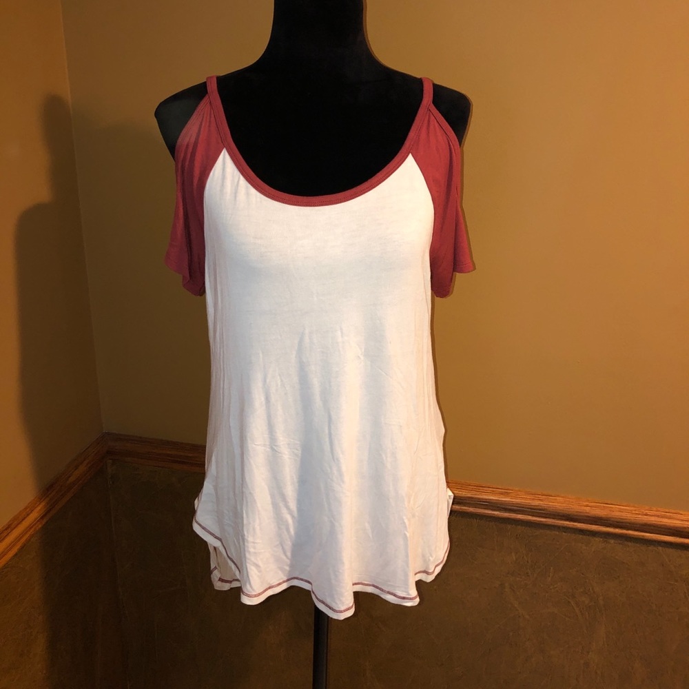White and Maroon Shirt with Shoulder Cutouts